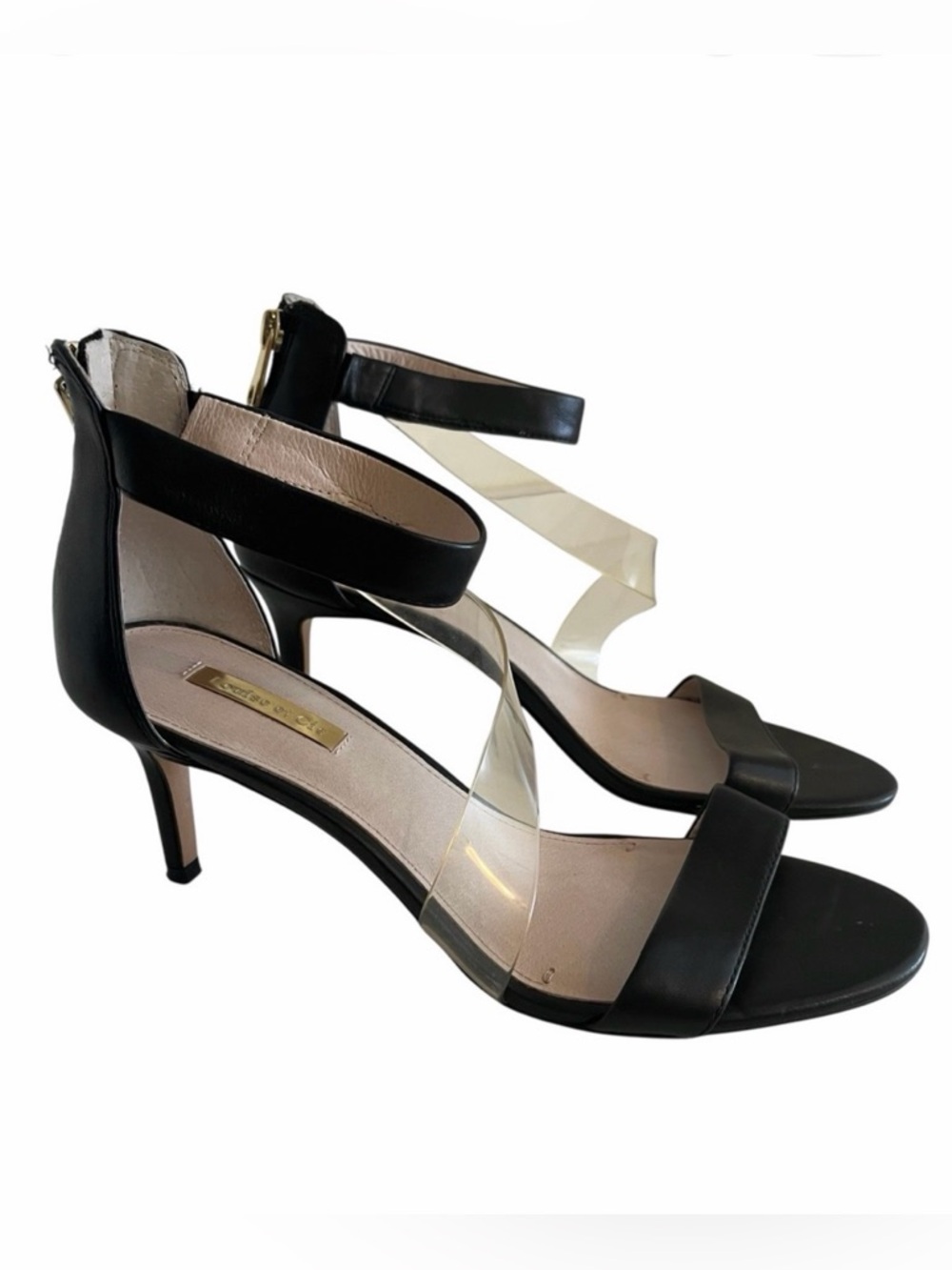 Louise et Cie Black Leather Open Toe Stiletto Heel Sandal Clear Strap Detail 8.5